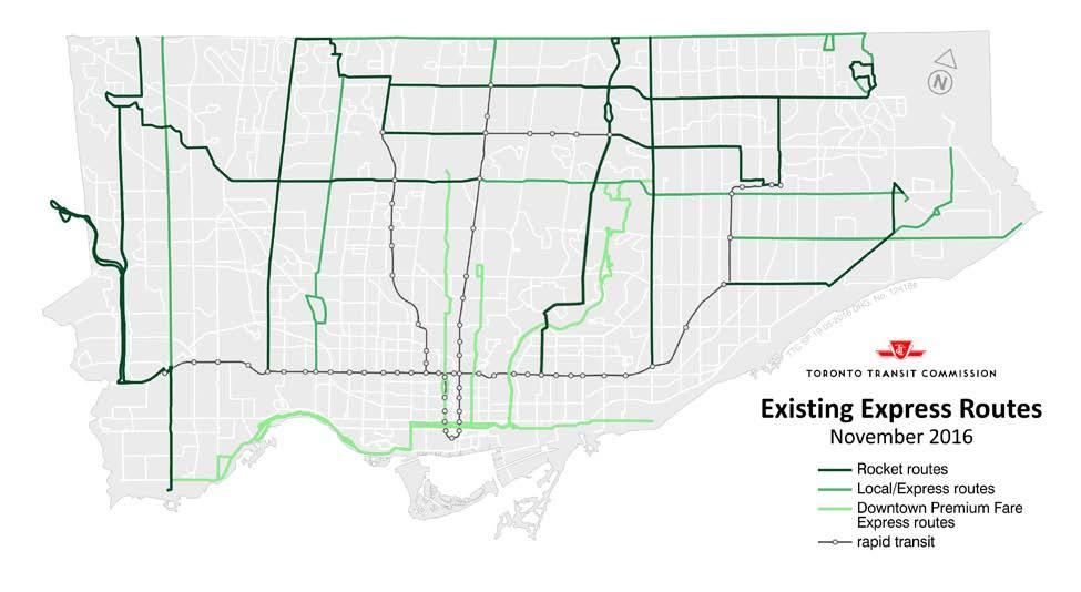 Figure 3: TTC express routes (as of November 2016) The TTC is the 2 nd largest transit agency in North America carrying nearly 540 million passengers per year.