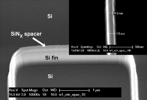 Fig. 3. SEM image at 30 tilt of the silicon fin formed by the RIE with HBr/Cl 2 plasma and a nitride hard-mask. The LPCVD low-stress silicon nitride used for spacers was 100 nm thick.