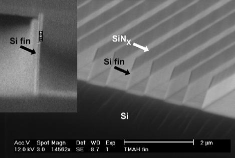 licon fin etching by TMAH The wet crystallographic etching was examined for the application of tetramethylammonium-hydroxide (TMAH) on wafers with a <110> orientation of the top surface.