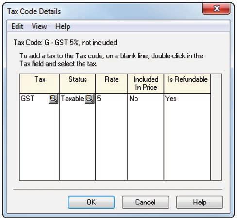 Setting Up Data Files and Customizing Settings Lesson 1 4 Below the code H enter the following additional tax code: G and press. 5 Add the Description: GST 5%, not included and press.