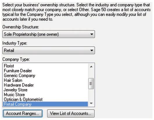 In the List of Accounts window you can choose to copy a template containing typical accounts, copy data from QuickBooks, MYOB, or Quicken export files, or create a new list of