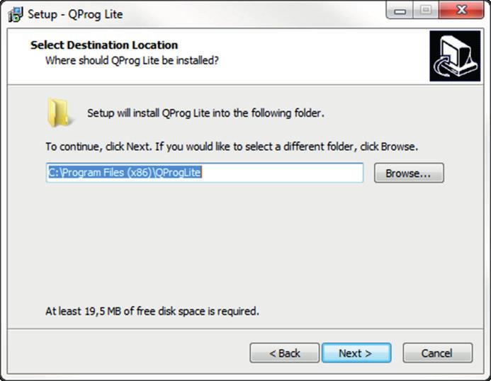 Installation 5. Select in the window Select Destination Location the storage location of the program: Click the button Next to confirm the default storage location.
