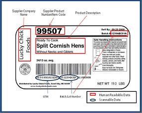 GS1-128 bar codes on all shipping cases will play a prominent role in the exchange of this information between supply chain partners. Label compliant with U.S. Produce Traceability Initiative Label communicates GTIN and batch/lot number Label compliant with US Meat & Poultry Traceability Initiative.