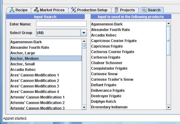 The Search Tab This allows you to help determine what you can do with an product. It highlight all the products that require it as an input.
