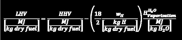 Lower vs Higher Heating Value LHV = HHV Heat to vaporise H 2 O H 2 O: fuel moisture + H 2 O formed from H in fuel LHV/kg dry fuel