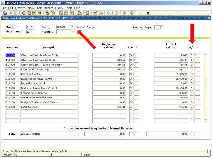 #3 FGITBAL Finance General Ledger Inquiry Form Trial Balance This screen displays the current account balances for a Fund. 1. At the General Menu, type FGITBAL in Go To... field and press enter or tab.