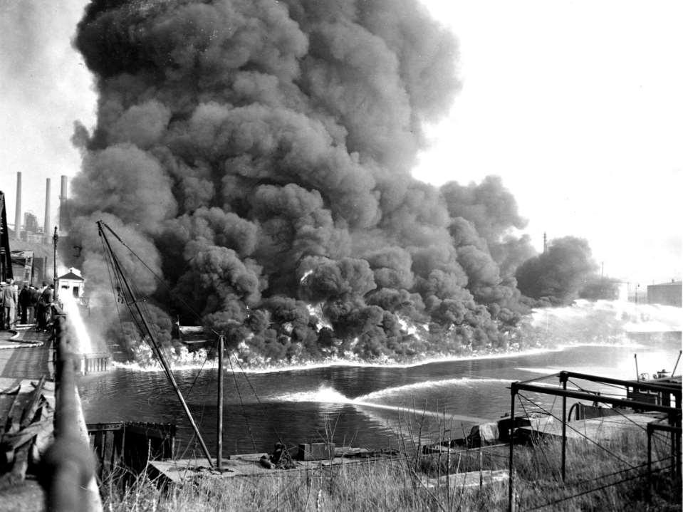 The Cuyahoga River on fire in 1952.