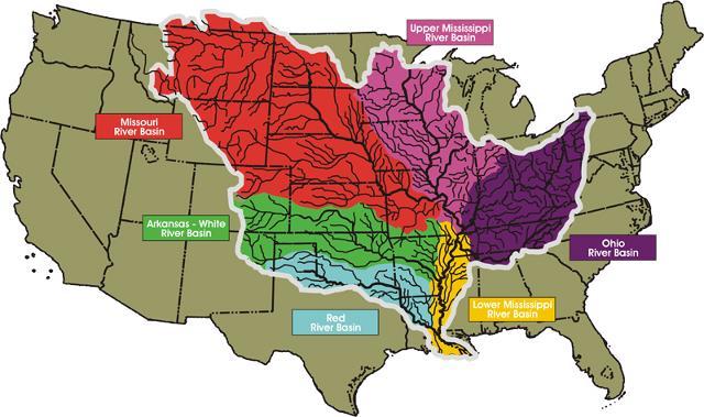 The Mississippi River basin drains approximately 41% of the land area of the conterminous United States, ranging as far west as Idaho, north to Canada, and east to Massachusetts.