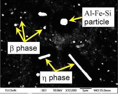 Al-Fe-Si particles [49] (b) Element (Wt%) Al Mg Zn Si Fe η phase (EDX) 63±4 4±2 28±1 3±1 2±1 η phase (XRD) 15.7 84.3 β phase (EDX) 56±4 22±3 5±2 15±3 2±2 β phase (XRD) 63.38 36.62 Table 6.