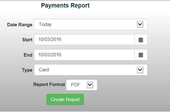 4. Print Payments Report. a. Select Reports b. Choose Items/Sales Report c. Choose Payment Report d. Date Range = Today e. Enter current date in start and end f. Type = Card g. Create Report h.