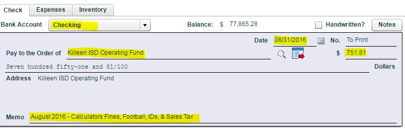 3. After completing the front of the check, click on the expense tab: a. Type the first account from your Balance Sheet under 1 Operating report and input the amount i.