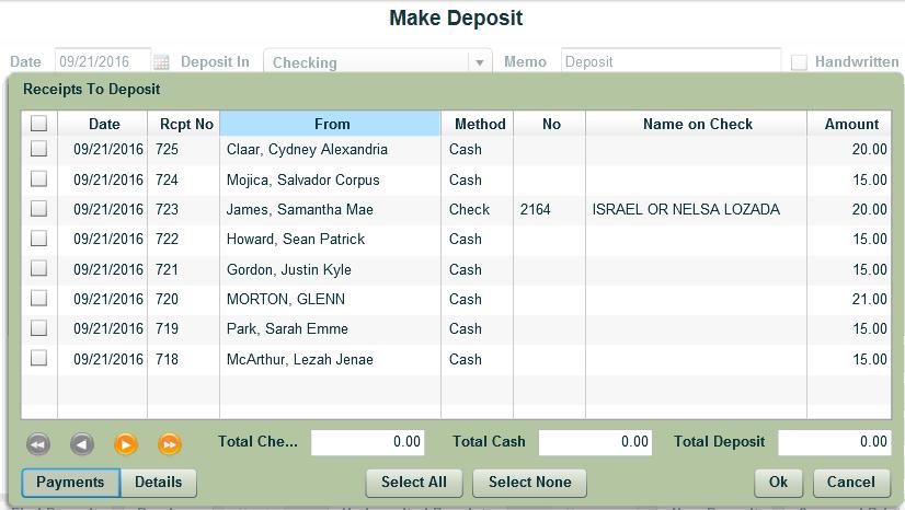 End of Day Daily Deposits 1. To create a deposit in ASBworks.com: a. Choose Receipts at top of screen. b. Select Make Deposit. c. SELECT ALL on bottom of screen d. Daily Cash Count. 1. Count the number of each bills in each denomination along with coins.