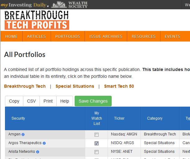 The next time you visit the Breakthrough Tech Profits website, hover over Portfolios in the orange horizontal navigation bar. Then click on My Watch List from the dropdown menu.