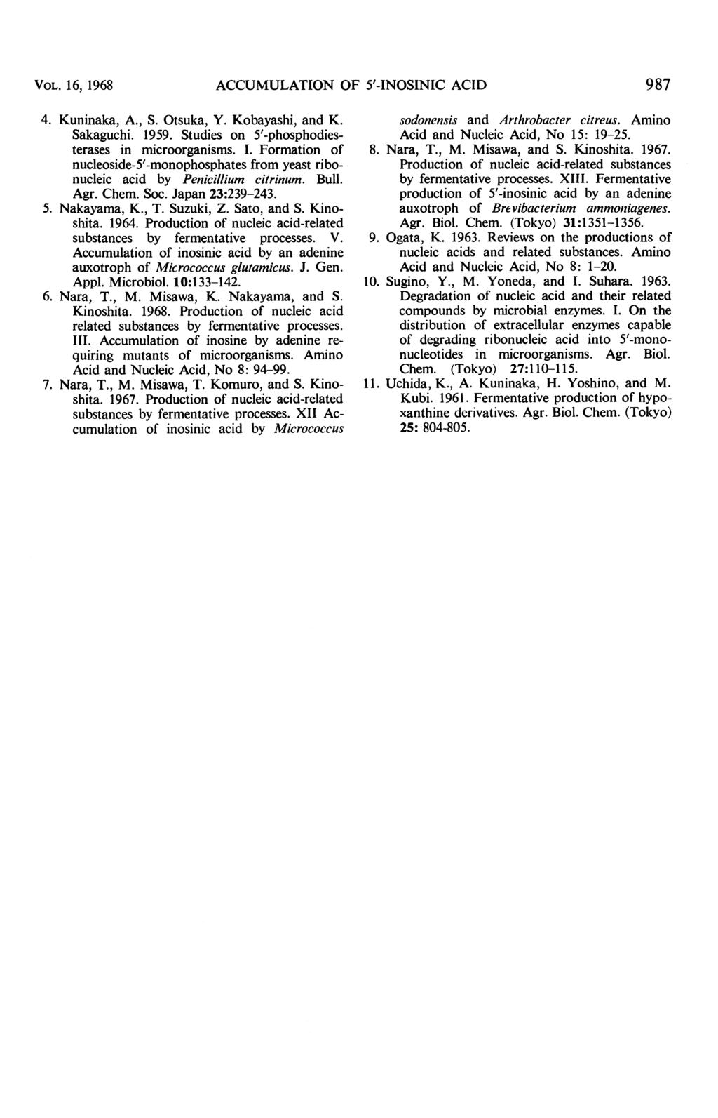 VOL. 16, 1968 ACCUMULATION OF 5'-INOSINIC ACID 987 4. Kuninaka, A., S. Otsuka, Y. Kobayashi, and K. Sakaguchi. 1959. Studies on 5'-phosphodiesterases in microorganisms. I.