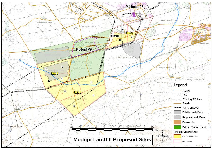 Figure 1.2: Farm Portions subdivided into quadrants. Three portions of land highlighted on the map were originally provided by Eskom which were assessed to choose the preferred site.