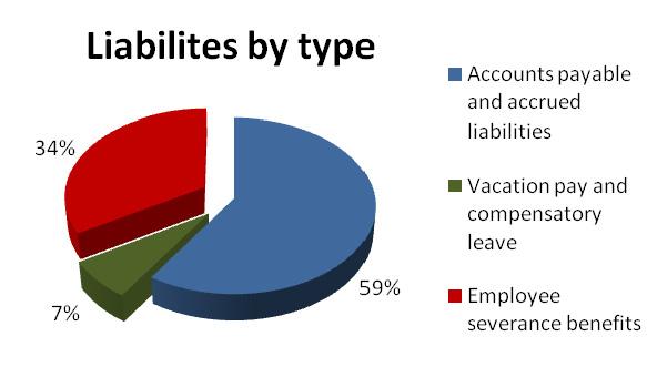 The largest liability is accounts payable and accrued liabilities ($2.8M or 59%). Other liabilities are comprised of vacation pay and compensatory leave (7%) and severance benefits (34%).