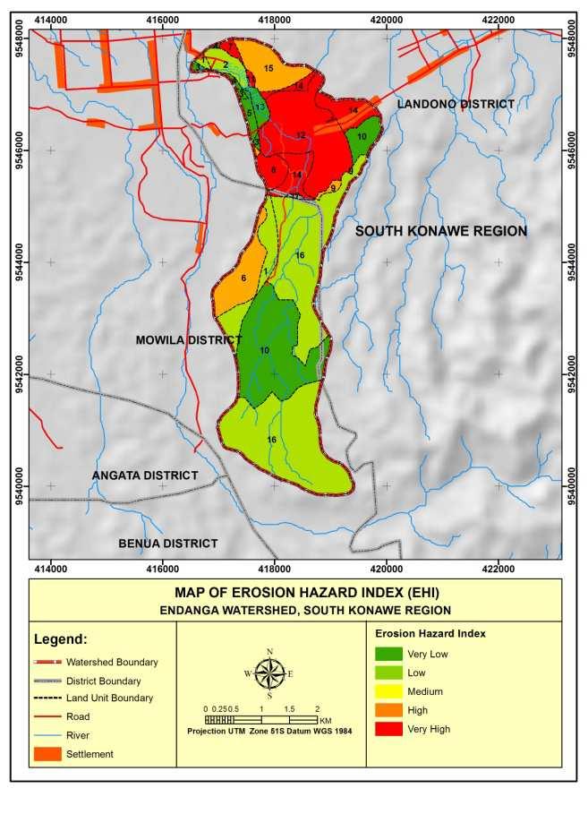 105 Sitti Leomo et al, 2016 Table 4 shows that the erosion hazard level in Endanga watershed varied from very low (land units 3, 4, 5, 13), medium (land units: 1, 2, 16), high (land units 6, 7, 8,