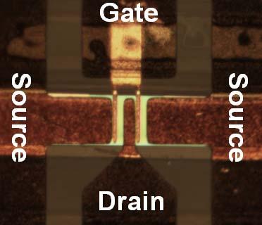 Figure 4: Schematic and micrograph of the gate stack. N+: doped area; G: gate. Figure 5: Schematic and micrograph of the final TFT device. S: source; G: gate; D: drain.