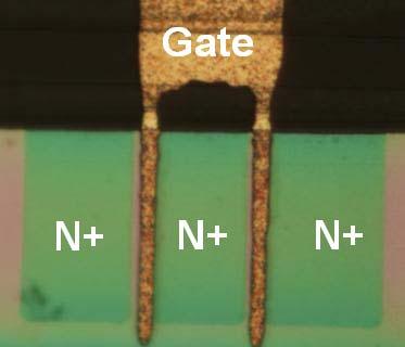 Figure 4 shows the gate stack, and Figure 5 shows the device after the source and drain are deposited. The electrical characteristics of the device are shown in Figure 6.