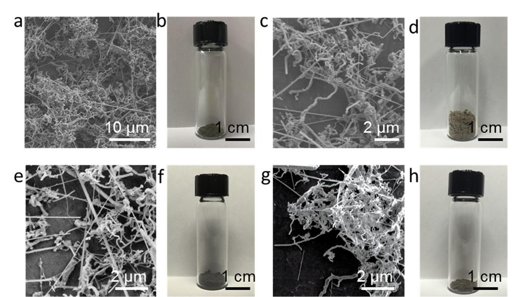 Figure S12. a), c), e), g) SEM images of the electrolysis products using CaCl2+NaCl+MgCl2 ternary molten salt with CaO (0.