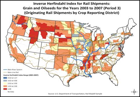 Rail Competition Changes The number of railroads serving the grain and oilseeds market for each CRD is shown in Figures 6 and 7.