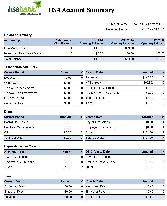 B. HSA Employer Summary Report Provides aggregate monthly HSA statistics and balances Includes average account balance,
