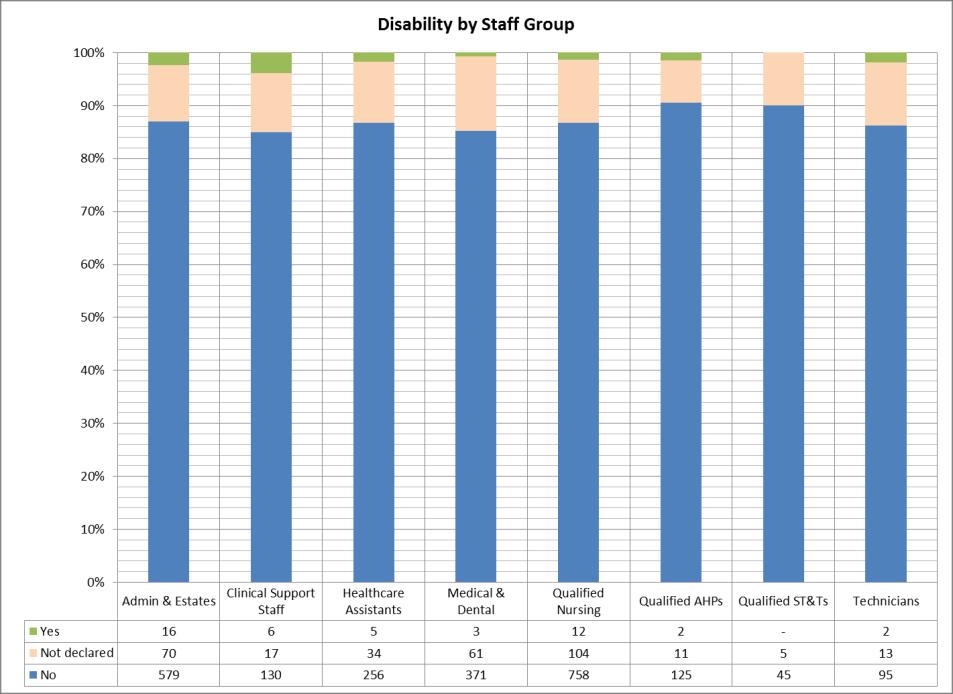 The chart above shows disability by staff group. All staff groups, with the exception of Qualified Scientific and Technical, have employees who have declared themselves to have a disability.