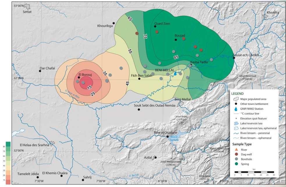 FIG. III-4. Spatial distribution of carbon-14 activities in the Turonian aquifer in per cent modern carbon (pmc). Interpolation of oxygen-18 data for the Turonian aquifer (Fig.