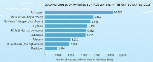 Leading causes of impaired waters include: Pathogens; bacteria and parasites that cause disease. Metals Nutrient pollution from fertilizer runoff. Oxygen-depleting pollution, such as raw sewage.