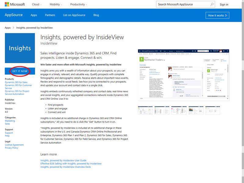 5. On the AppSource page, select the Insights, powered by InsideView 4.