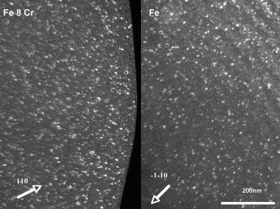 4 M.A. KIRK ET AL. Fig. 3. Damage microstructures in bulk specimens of pure Fe and Fe-8%Cr following 1.5 MeV Fe ion irradiation at 3008C to 2.5 dpa and imaged in WBDF with g 5 h110i.