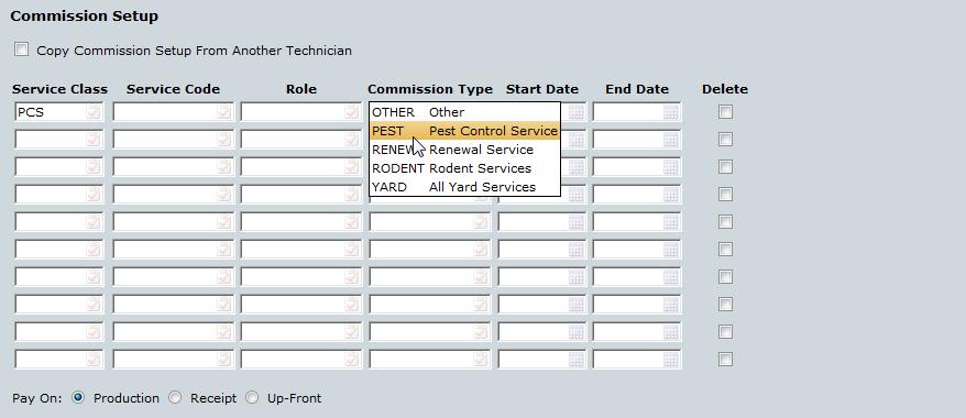 Commission Setup (Criteria) hen adding a Commission Setup for an employee ou have 4 drop down fields and 2 Date fields Service Class / Service Code: Employees can be paid with a different Commission