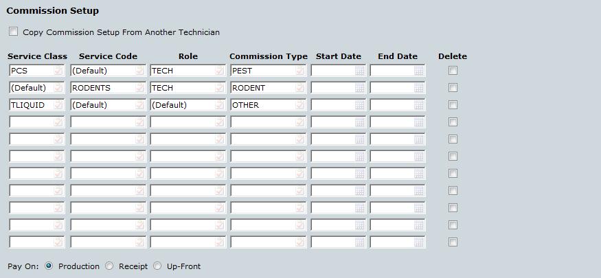 Commission Setup (Default) Tabbing through the fields with the Services Class, Service Code and/or Roles fields blank will cause (Default) to Automatically fill in and allow the commission to default