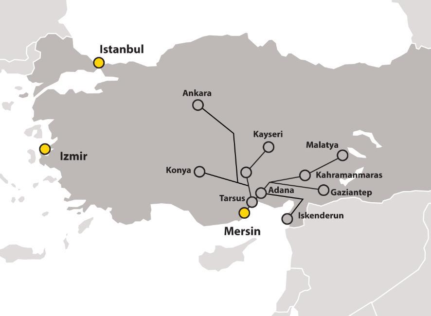 MERSIN A GATEWAY TO SOUTHERN TURKEY AND TO NORTHERN IRAQ MSC TRUCKING FLEET In Mersin: 28 trucks In Iskenderun: 15 trucks Additional subcontractors to operate dry and refer container trucking RAIL