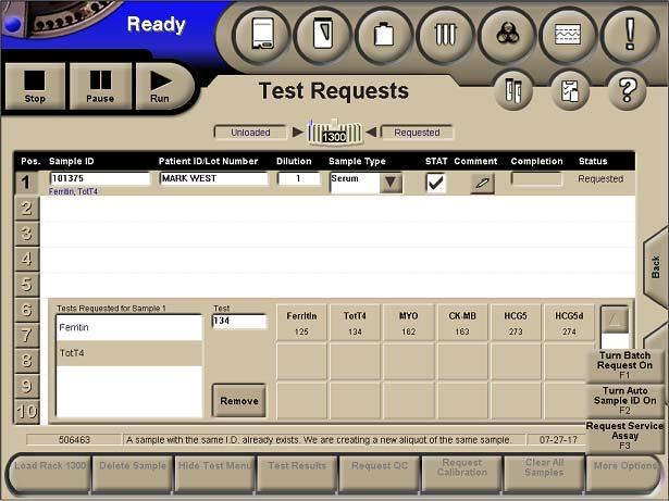 Additional Sample Programming Features Manual Programming Options From the Test Requests screen, type in the first sample ID and press Enter. Select More Options F8.