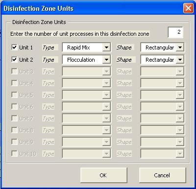 Figure 4-5: Disinfection Zone Units Dialog Box with Sample Data All of the information that you need to enter in the Disinfection Zone Units dialog box is about the number of treatment units in each