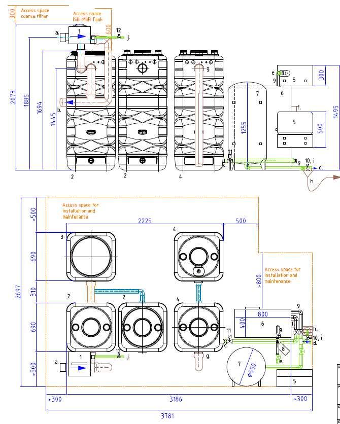 Example drawing for tank installation Please note that above drawing shows the standard configuration for the Aqua-Recycling-Control 80B Plus.