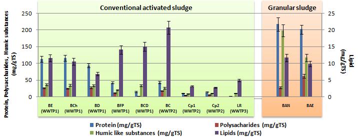 Part 3: RESULTS & DISCUSSIONS - CHAPTER 1 Figure 38: Biochemical component in particular phase of different sludge In relation to the quantity of TS, protein sludge content is always higher than
