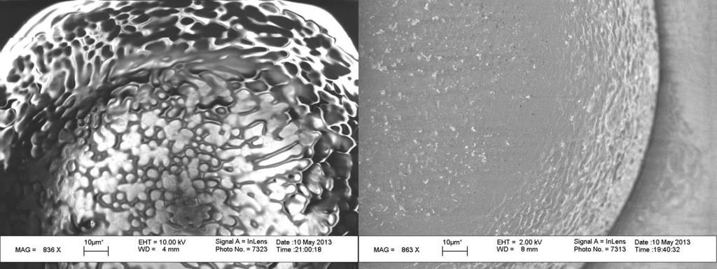 Figure 60: Ball surface before (left) and after (right) 30 minutes of plasma etching Imaging at higher magnification (Figure 61) compares the surface of the ball after 15 and 30 minutes