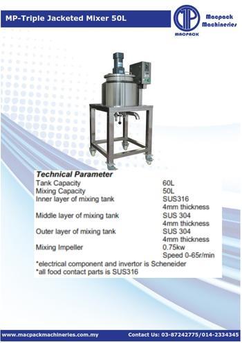MP- Triple Jacketed Mixer 50L Triple Jacketed Mixer 50L is safe to use, with insulator that is safe to operate. There is various size of 50L, 100L, 200L and more.
