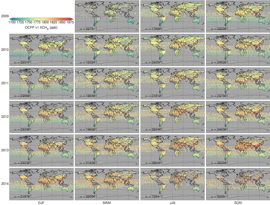Page 7 ESA Climate Change Initiative (CCI) Figure 1. Global seasonal maps of OCFPv1.0 XCH4 retrieved between April 2009 and December 2014 2.