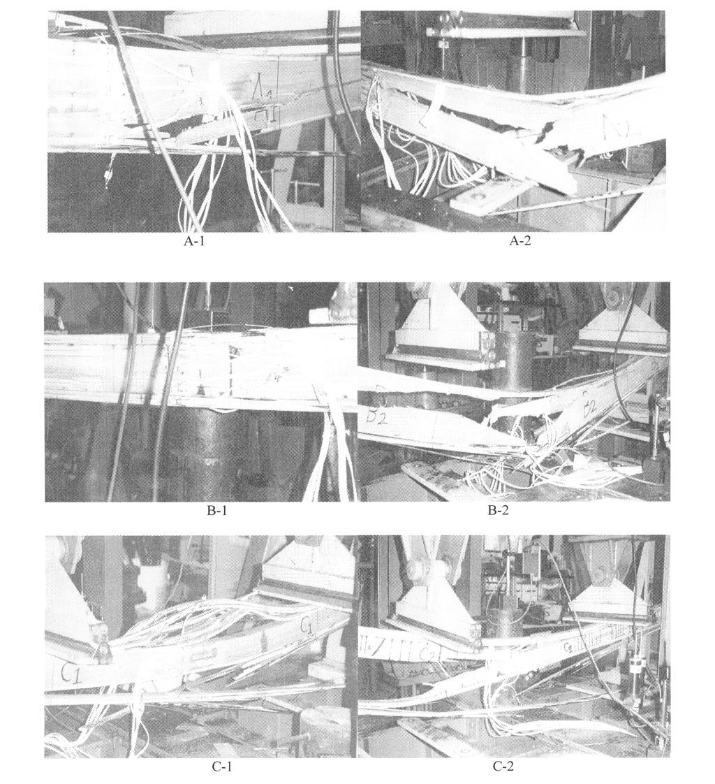 Fig.4. Failure types of bamboo reinforced composite beam during four point load bending testing. 4.