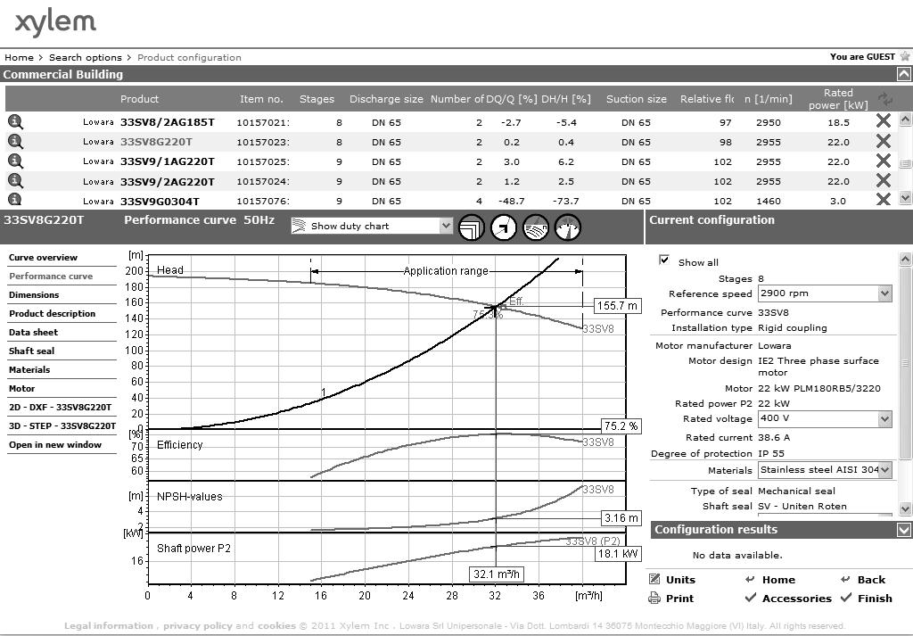 FURTHER PRODUCT SELECTION AND DOCUMENTATION Xylect TM The detailed output makes it easy to select the optimal pump from the given alternatives.