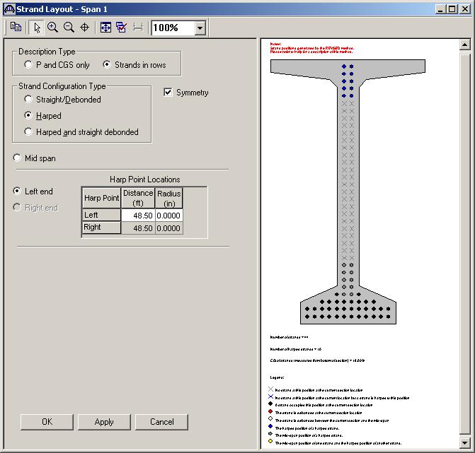 Now select the Left end radio button to enter the following harped strand locations at the left end of the precast beam. Place the cursor in the schematic view on the right side of the screen.