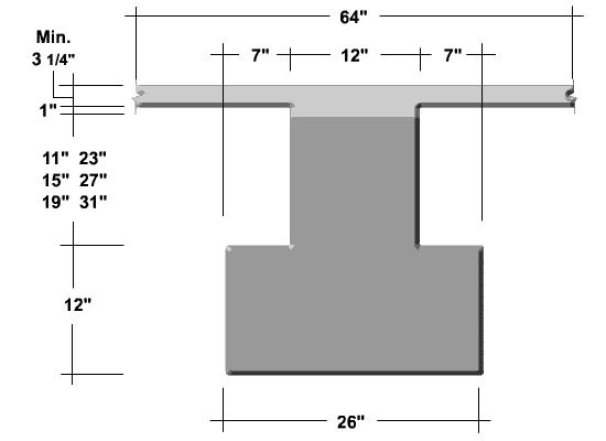 PRESTRESSED INVERTED TEE BEAMS Non-Composite IT Beam - 12 inch Ledge Span(ft) 20 22 24 26 28 30 32 34 36 38 40 26IT24 6.9 5.6 4.7 3.9 3.3 2.8 26IT28 9.5 7.8 6.