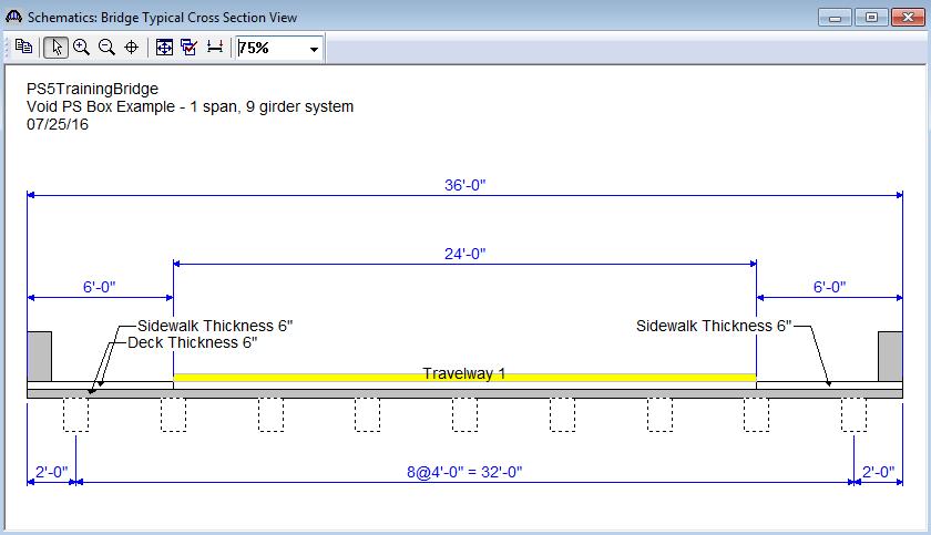 The structure typical section schematic can be viewed by selecting Structure Typical Section in the Bridge Workspace tree and clicking the