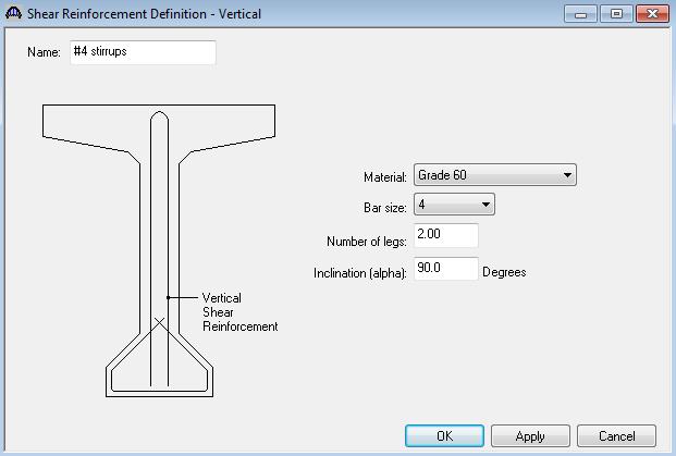 Now define the vertical shear reinforcement by double clicking on Vertical (under Shear Reinforcement Definitions in the