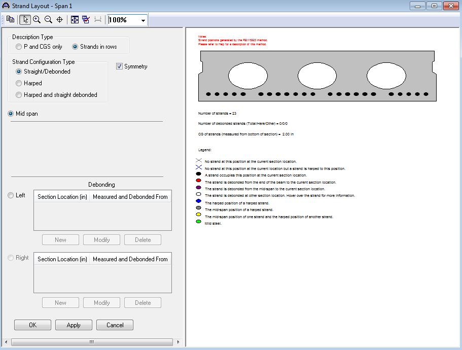 Expand the Bridge Workspace tree under Strand Layout and open the Span 1 window. Select the Description Type as Strands in Rows and the Strand Configuration Type as Straight/Debonded.