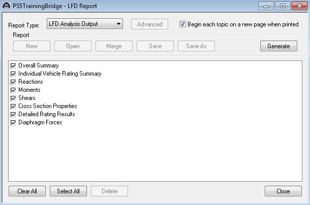 A summarized report of the output can be generated by selecting the Report Tool button from the toolbar. Select LFD Analysis Output in the Report Type box.