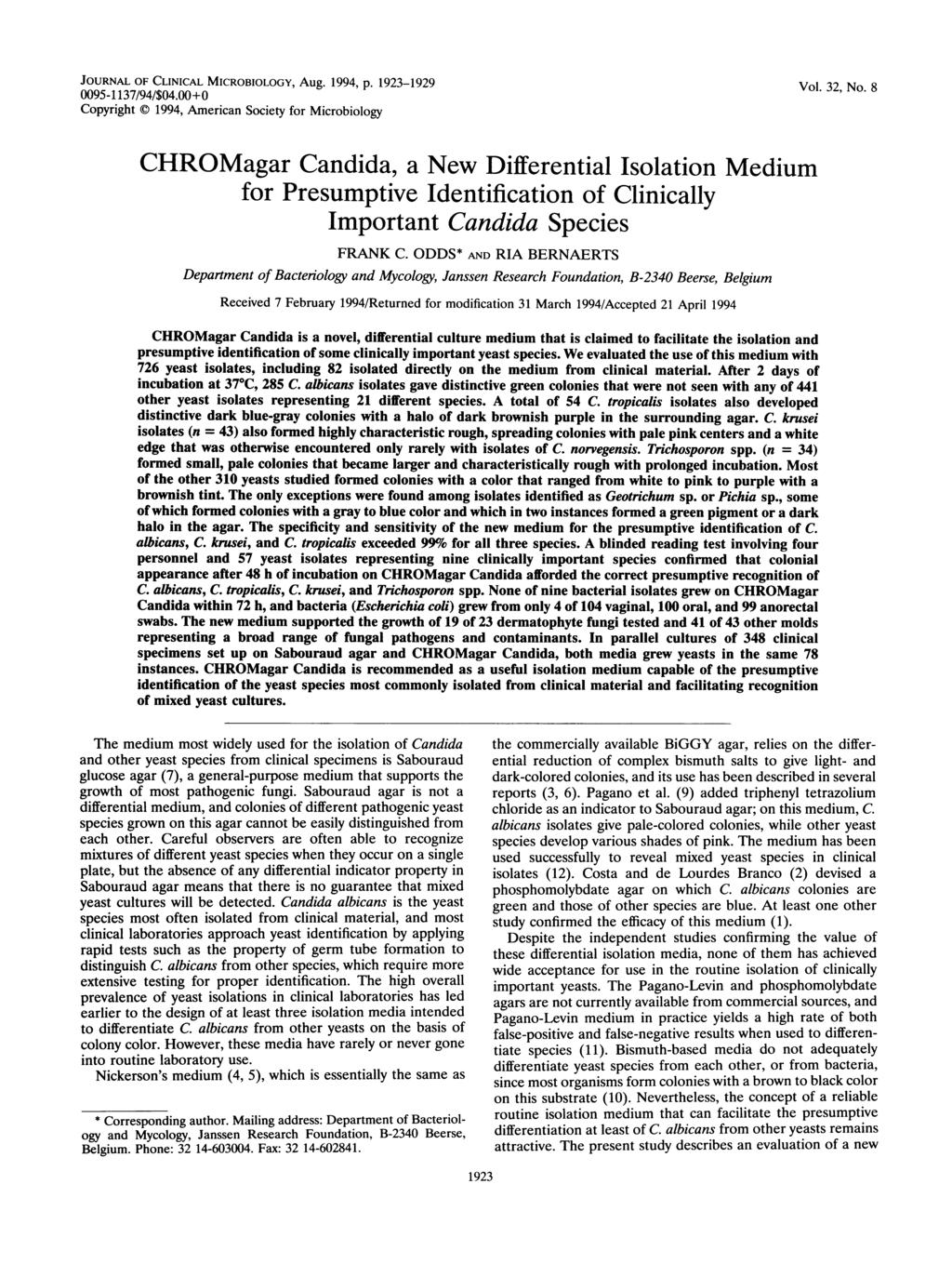 JOURNAL OF CLINICAL MICROBIOLOGY, Aug. 1994, p. 1923-1929 Vol. 32, No. 8 0095-1137/94/$04.